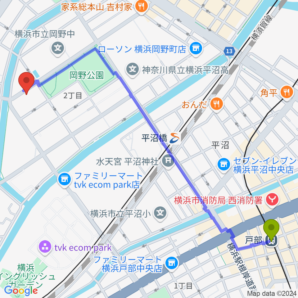 戸部駅からモアハーモニーへのルートマップ地図