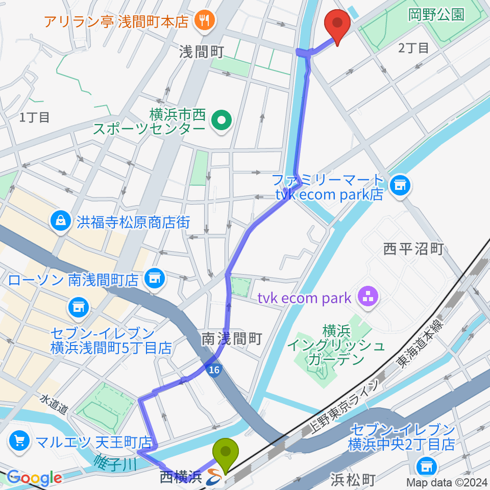 西横浜駅からモアハーモニーへのルートマップ地図