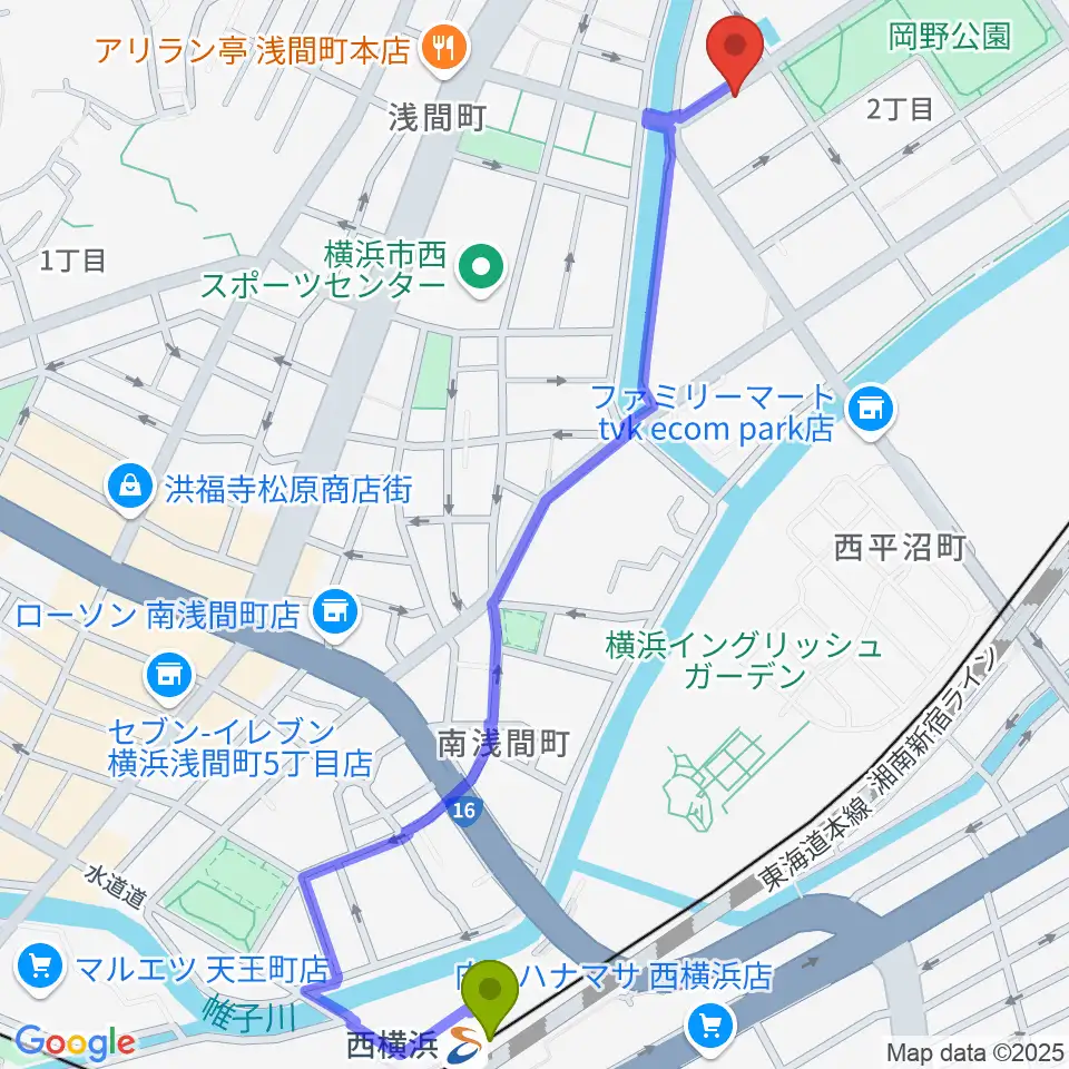 西横浜駅からモアハーモニーへのルートマップ地図