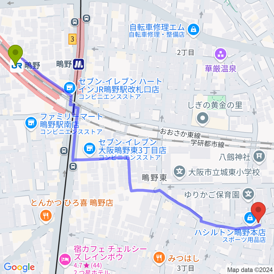 大阪市城東区のピアノ教室クラヴィーアの最寄駅鴫野駅からの徒歩ルート（約8分）地図