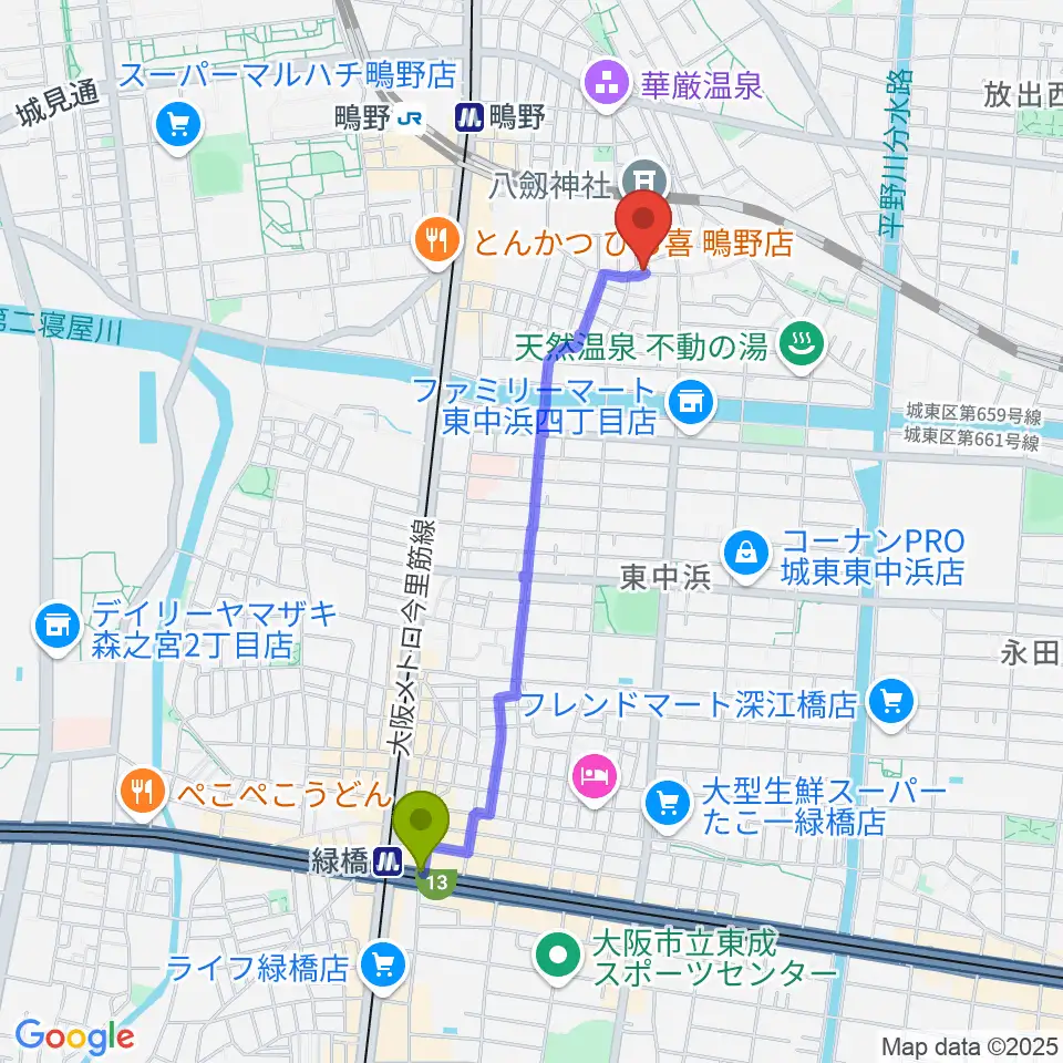 緑橋駅から大阪市城東区のピアノ教室クラヴィーアへのルートマップ地図