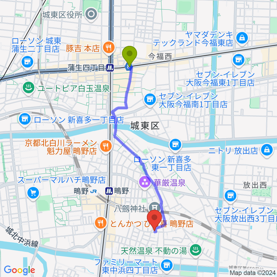 蒲生四丁目駅から大阪市城東区のピアノ教室クラヴィーアへのルートマップ地図