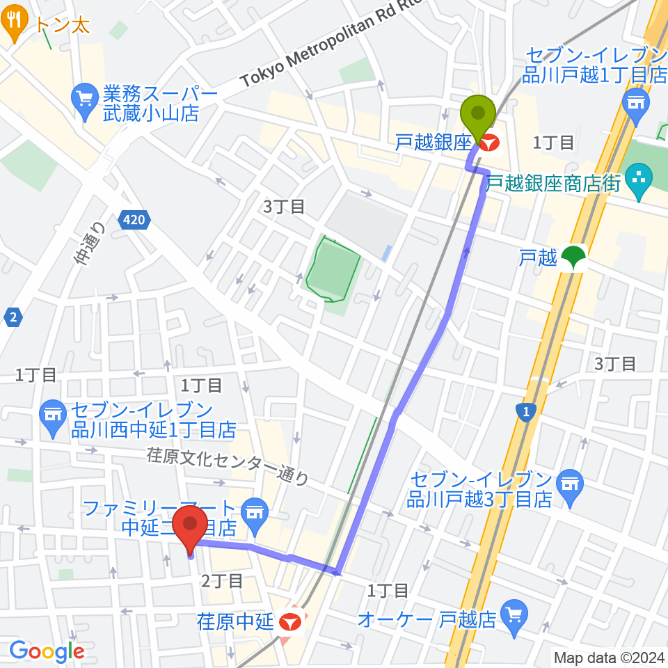 戸越銀座駅からユリクラシカルミュージックスタジオへのルートマップ地図