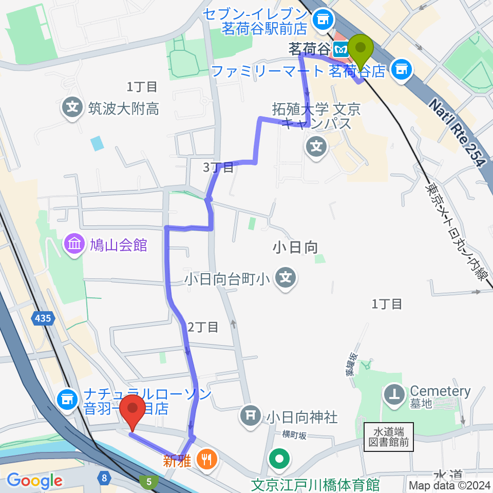 茗荷谷駅からスタジオピアーチェへのルートマップ地図