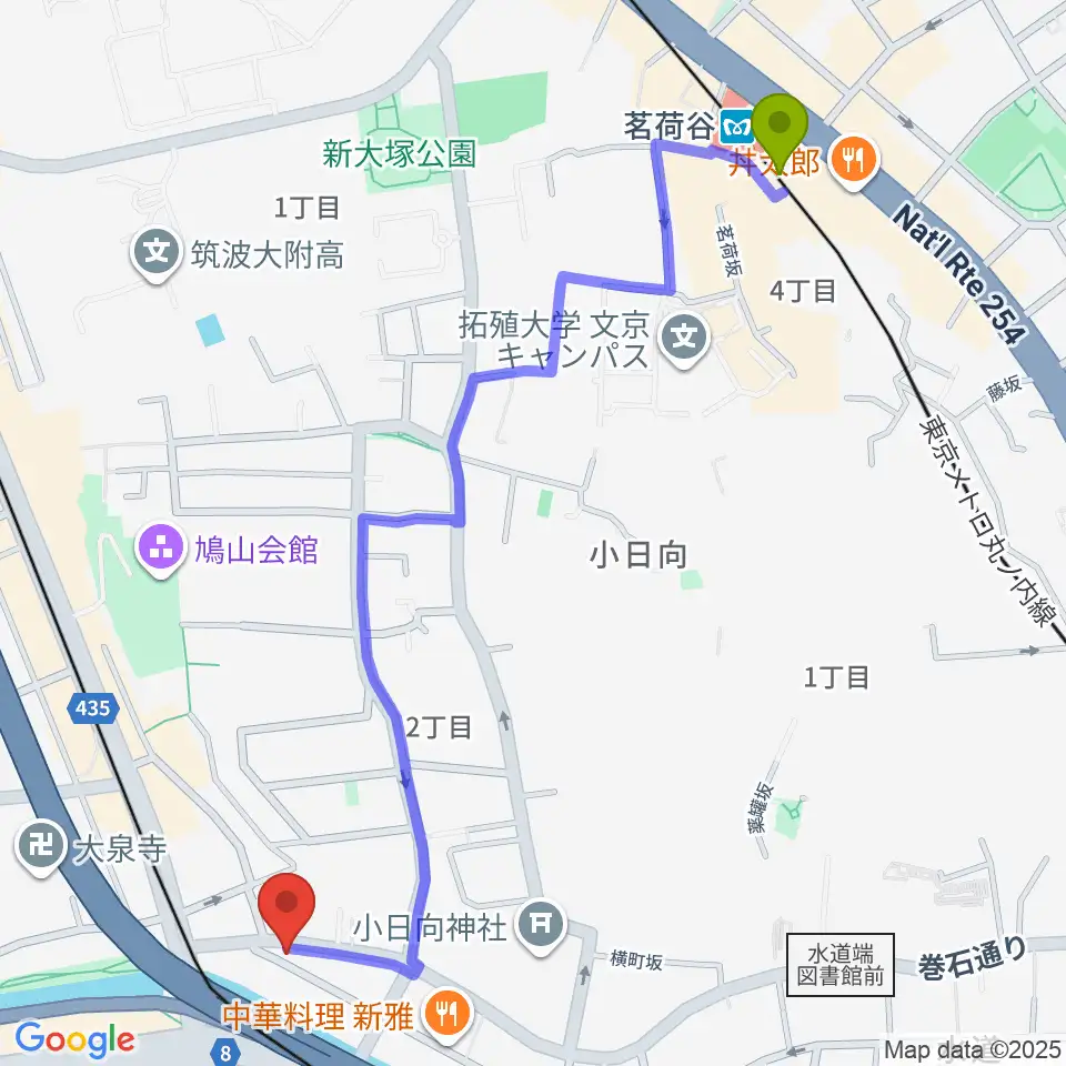 茗荷谷駅からスタジオピアーチェへのルートマップ地図
