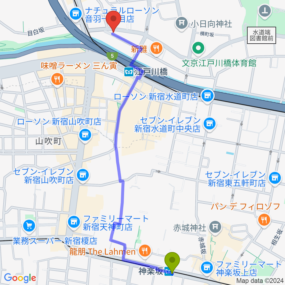 神楽坂駅からスタジオピアーチェへのルートマップ地図