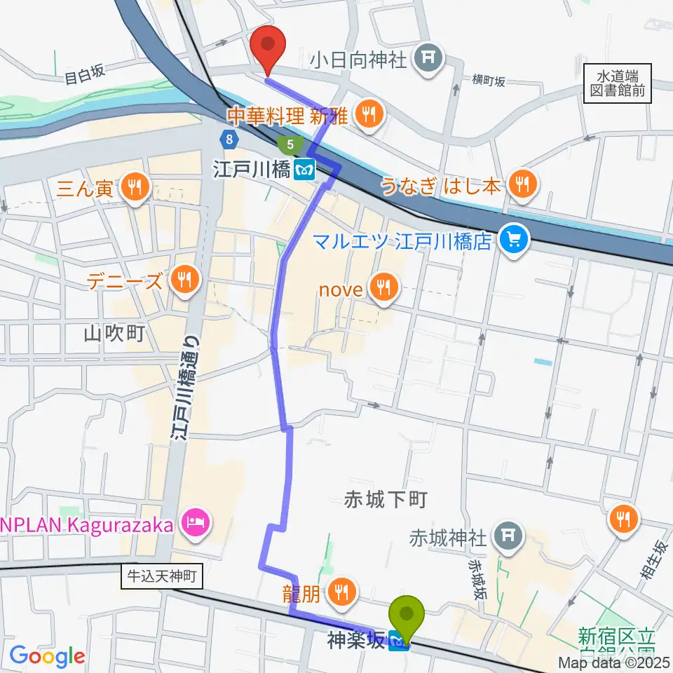神楽坂駅からスタジオピアーチェへのルートマップ地図