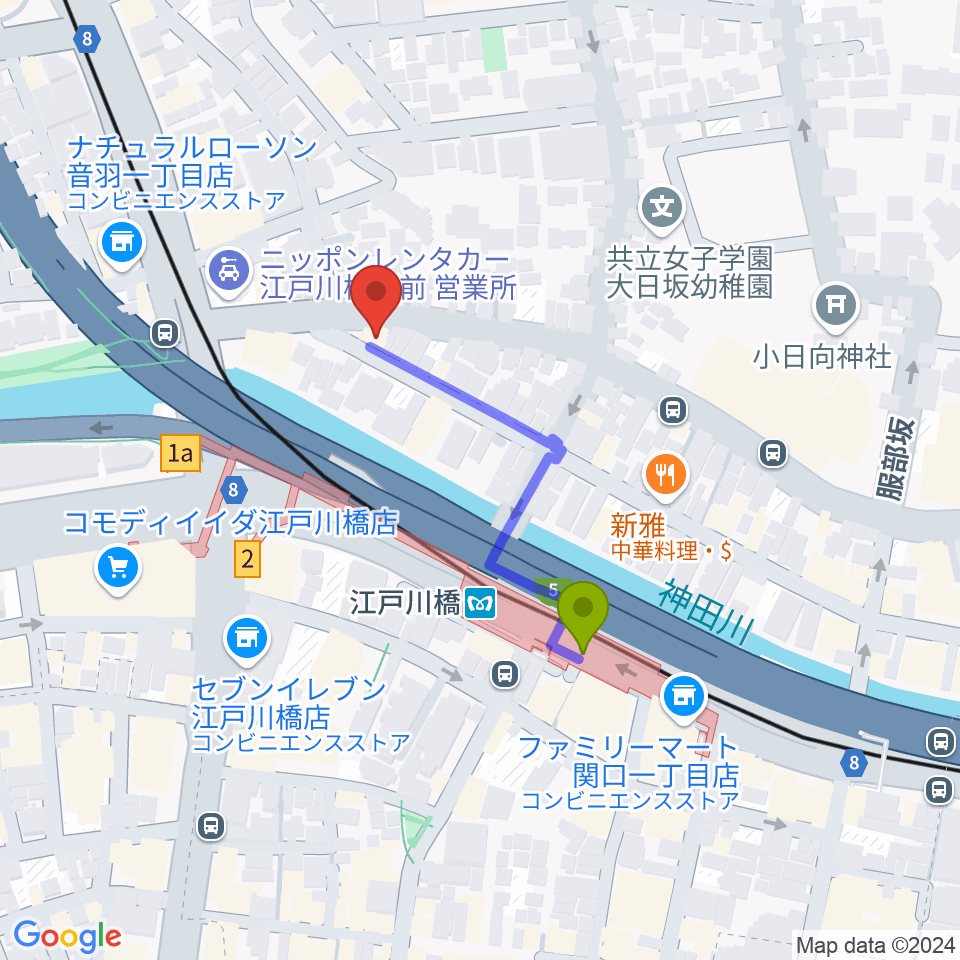 スタジオピアーチェの最寄駅江戸川橋駅からの徒歩ルート（約3分）地図