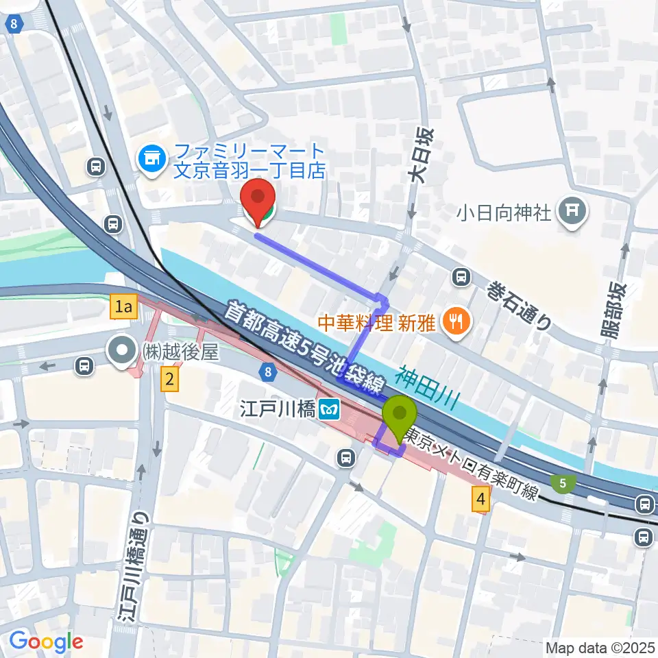 スタジオピアーチェの最寄駅江戸川橋駅からの徒歩ルート（約3分）地図