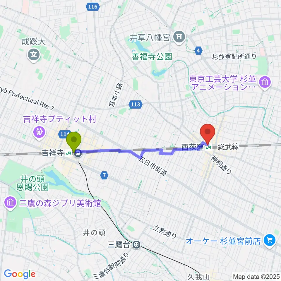 吉祥寺駅から西荻窪ココパームへのルートマップ地図