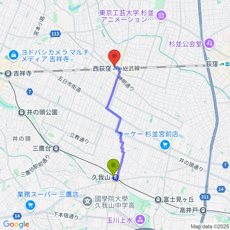 久我山駅から西荻窪ココパームへのルートマップ地図