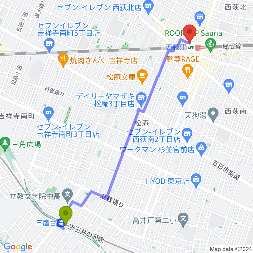 三鷹台駅から西荻窪ココパームへのルートマップ地図