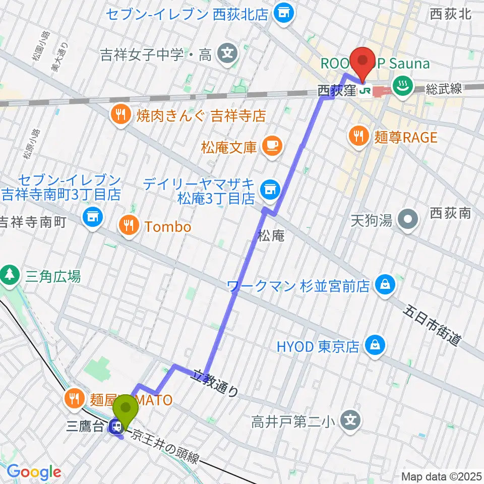 三鷹台駅から西荻窪ココパームへのルートマップ地図