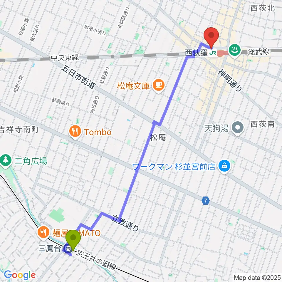 三鷹台駅から西荻窪ココパームへのルートマップ地図