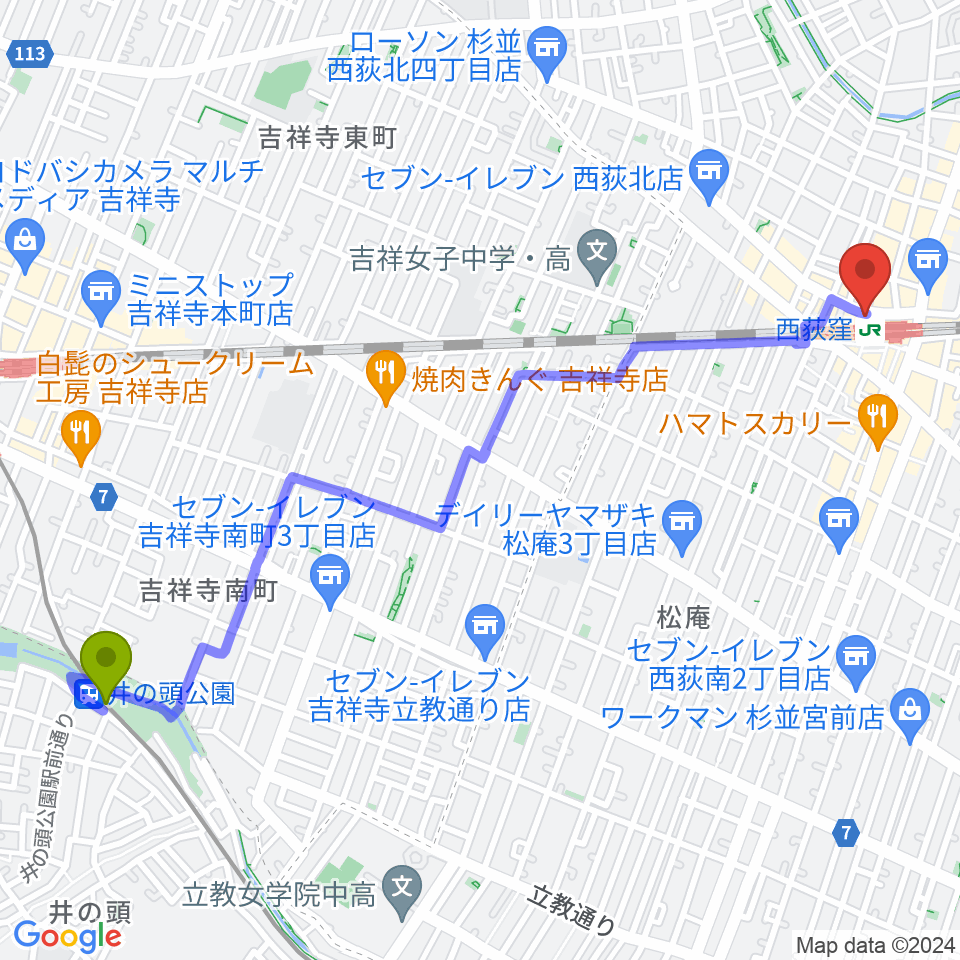 井の頭公園駅から西荻窪ココパームへのルートマップ地図