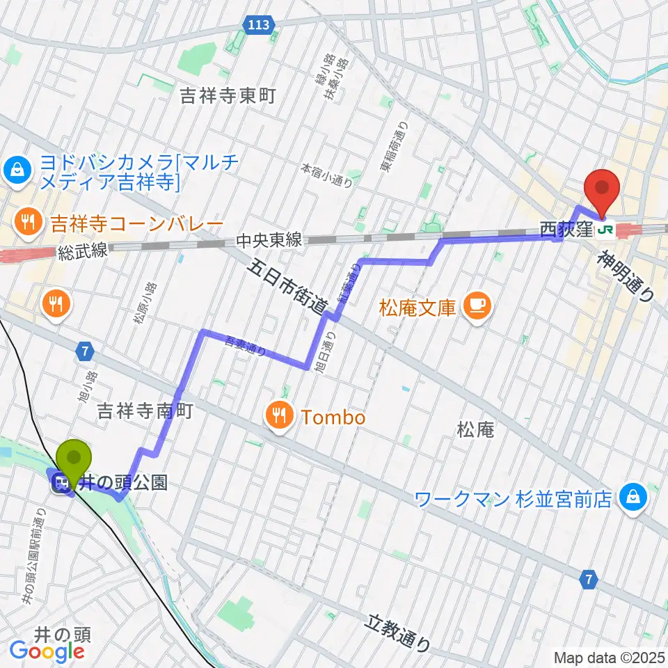 井の頭公園駅から西荻窪ココパームへのルートマップ地図