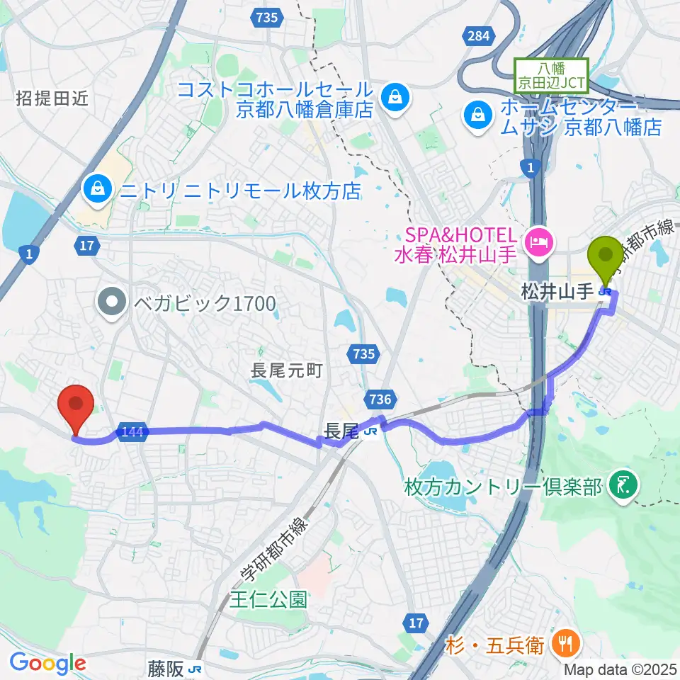 松井山手駅から京阪ピアノサービスへのルートマップ地図