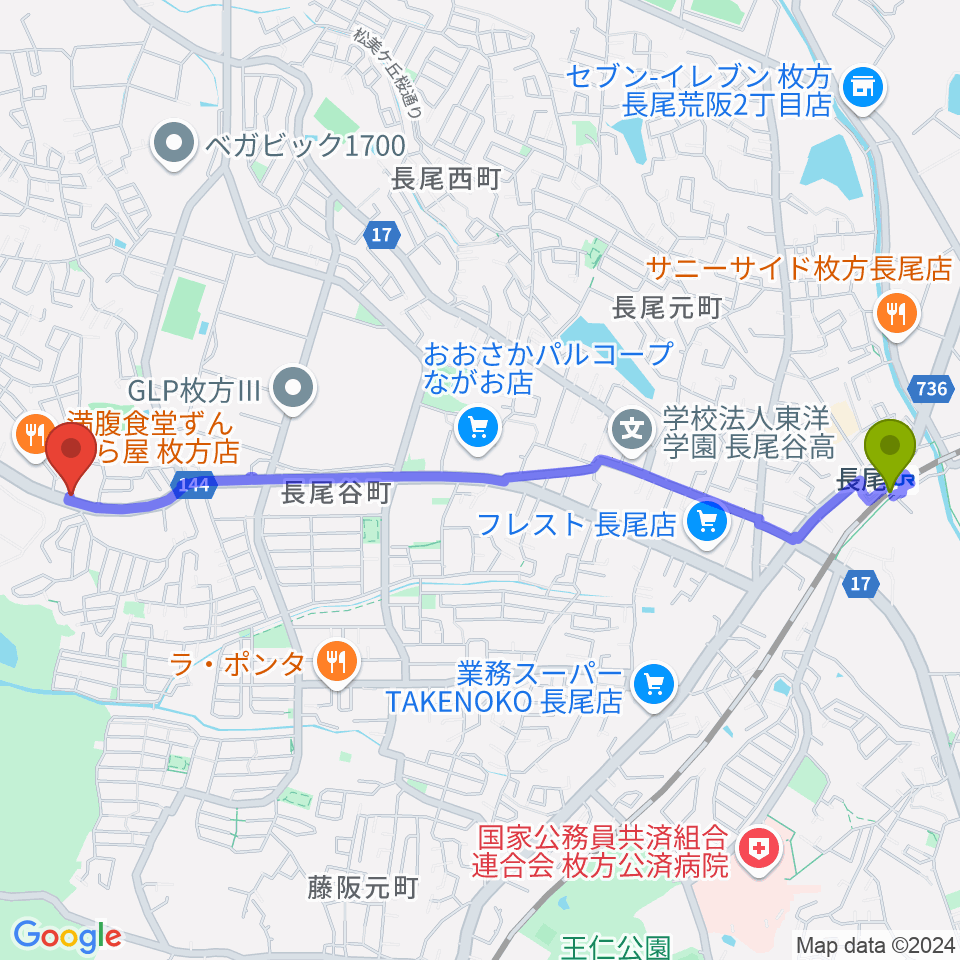 長尾駅から京阪ピアノサービスへのルートマップ地図