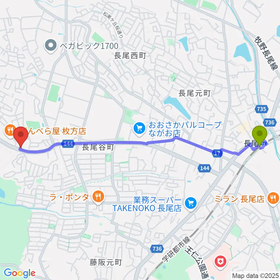 長尾駅から京阪ピアノサービスへのルートマップ地図