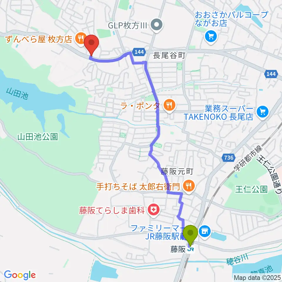 京阪ピアノサービスの最寄駅藤阪駅からの徒歩ルート（約24分）地図