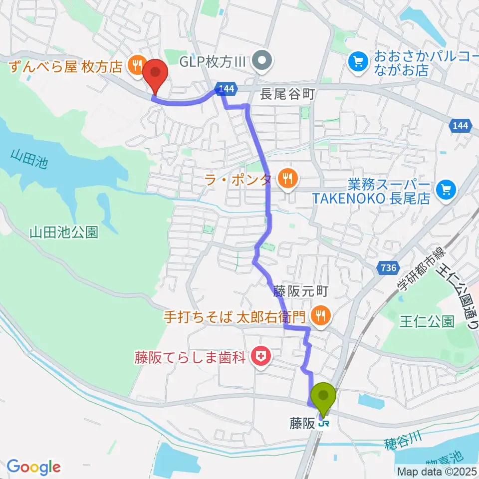 京阪ピアノサービスの最寄駅藤阪駅からの徒歩ルート（約24分）地図