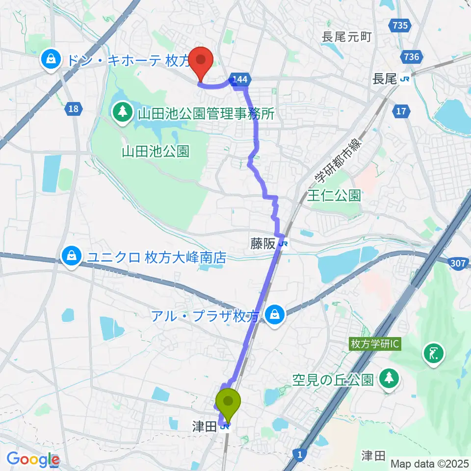 津田駅から京阪ピアノサービスへのルートマップ地図