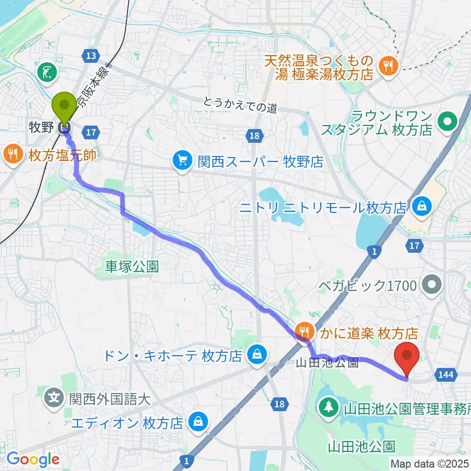 牧野駅から京阪ピアノサービスへのルートマップ地図
