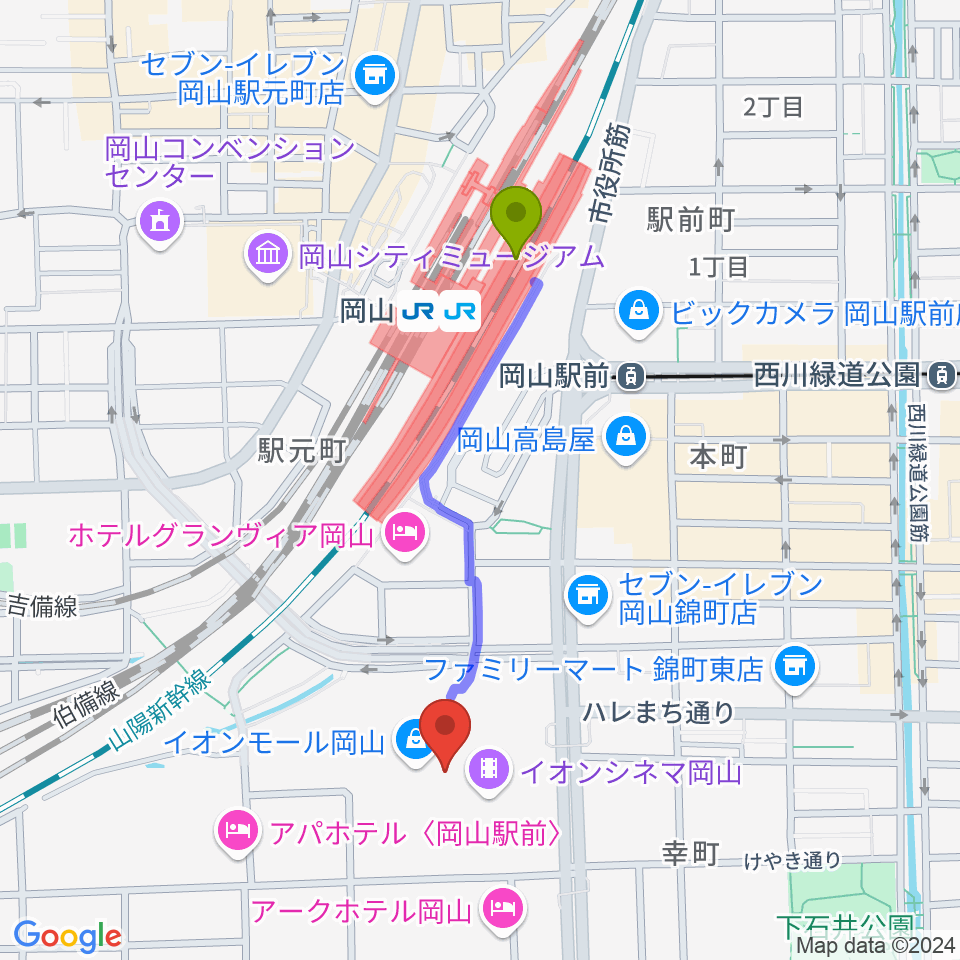 島村楽器 イオンモール岡山店 の最寄駅岡山駅からの徒歩ルート（約8分）地図