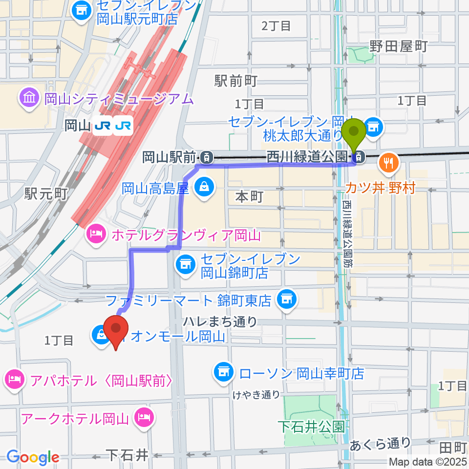 西川緑道公園駅から島村楽器 イオンモール岡山店 へのルートマップ地図