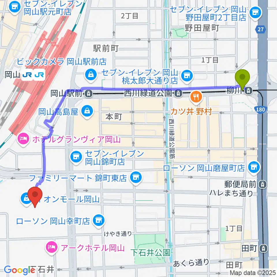 柳川駅から島村楽器 イオンモール岡山店 へのルートマップ地図