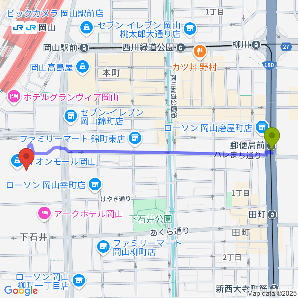 郵便局前駅から島村楽器 イオンモール岡山店 へのルートマップ地図