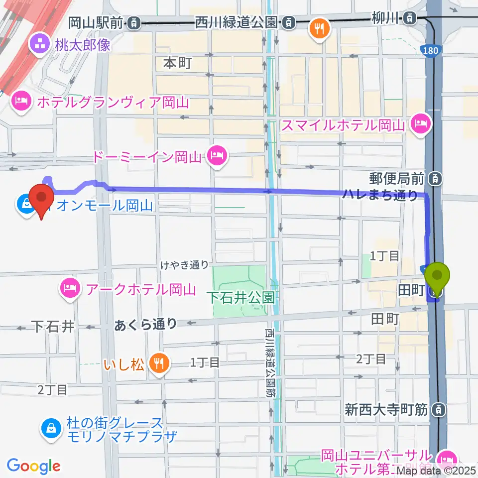 田町駅から島村楽器 イオンモール岡山店 へのルートマップ地図