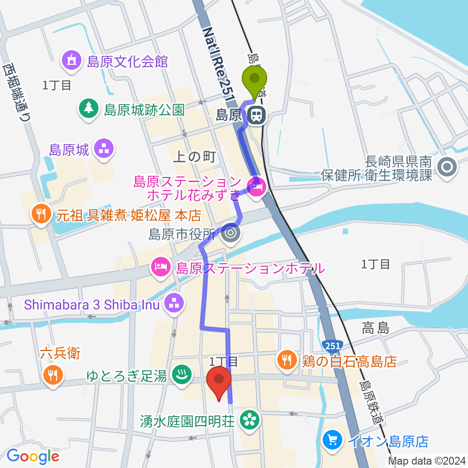 島原駅から横浜屋ルーム・スタジオレンタルへのルートマップ地図