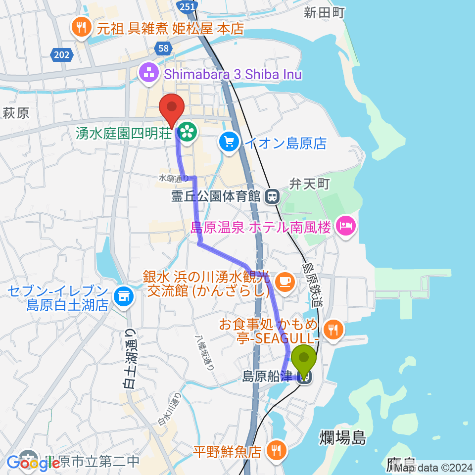 島原船津駅から横浜屋ルーム・スタジオレンタルへのルートマップ地図