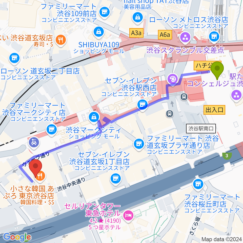 渋谷駅からノナカ・パーカッションギャラリーへのルートマップ地図