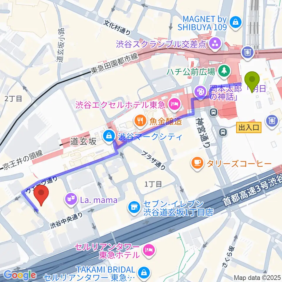 渋谷駅からノナカ・パーカッションギャラリーへのルートマップ地図