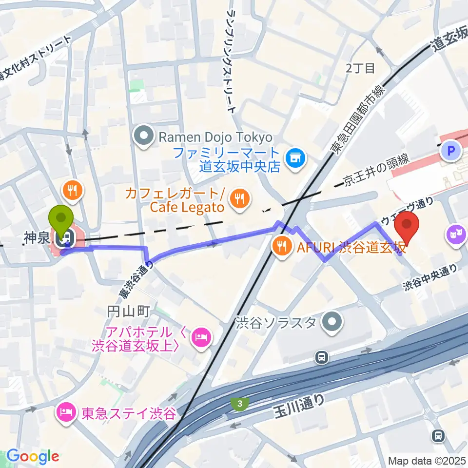 ノナカ・パーカッションギャラリーの最寄駅神泉駅からの徒歩ルート（約6分）地図