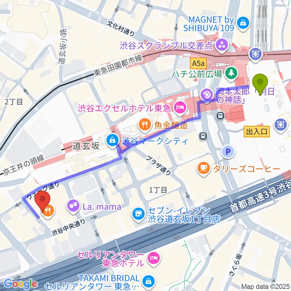 渋谷駅からノナカ・ダブルリードギャラリーへのルートマップ地図