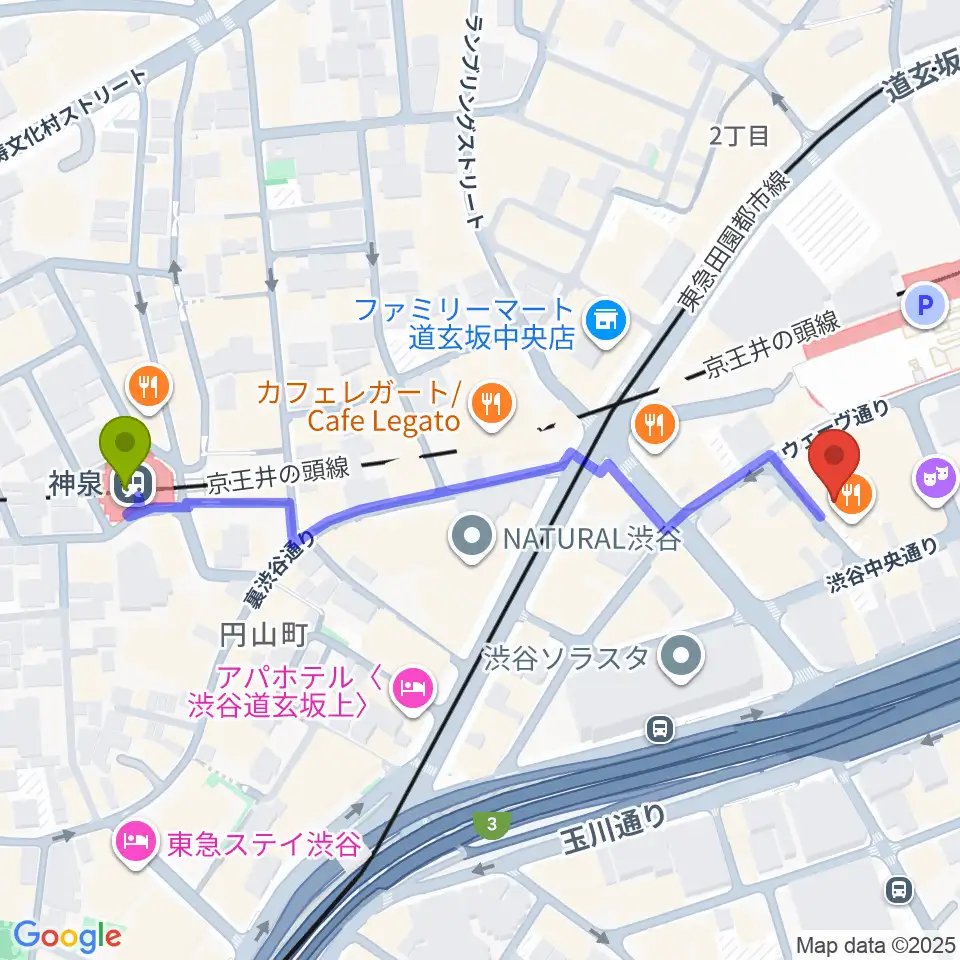ノナカ・ダブルリードギャラリーの最寄駅神泉駅からの徒歩ルート（約6分）地図
