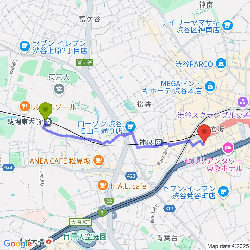 駒場東大前駅からノナカ・ダブルリードギャラリーへのルートマップ地図