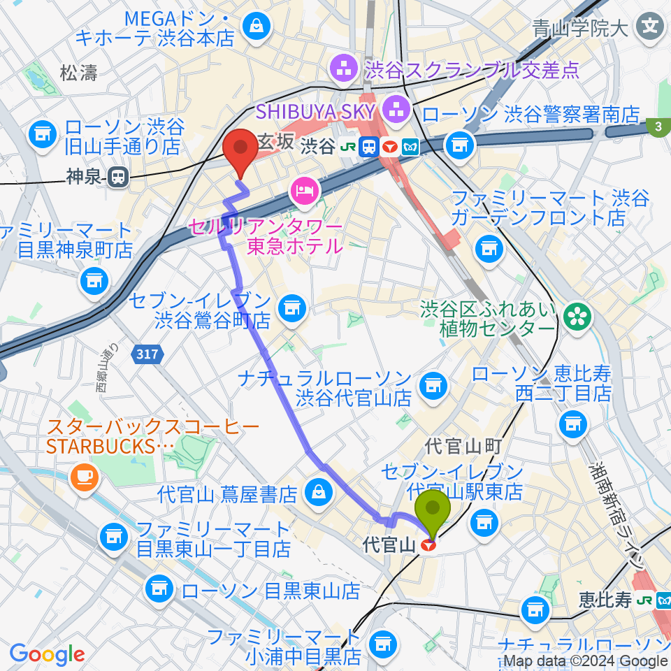 代官山駅からノナカ・ダブルリードギャラリーへのルートマップ地図