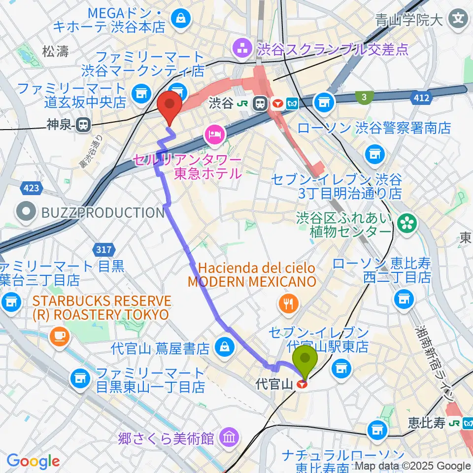 代官山駅からノナカ・ダブルリードギャラリーへのルートマップ地図