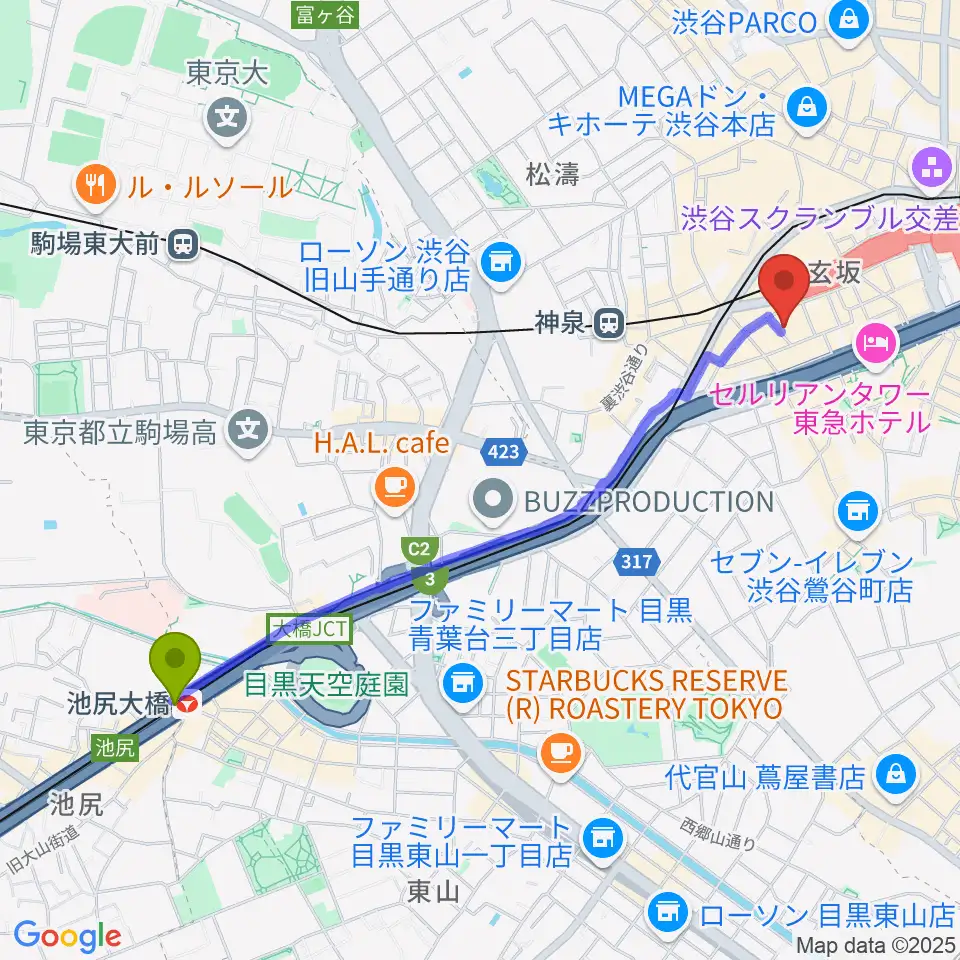 池尻大橋駅からノナカ・ダブルリードギャラリーへのルートマップ地図