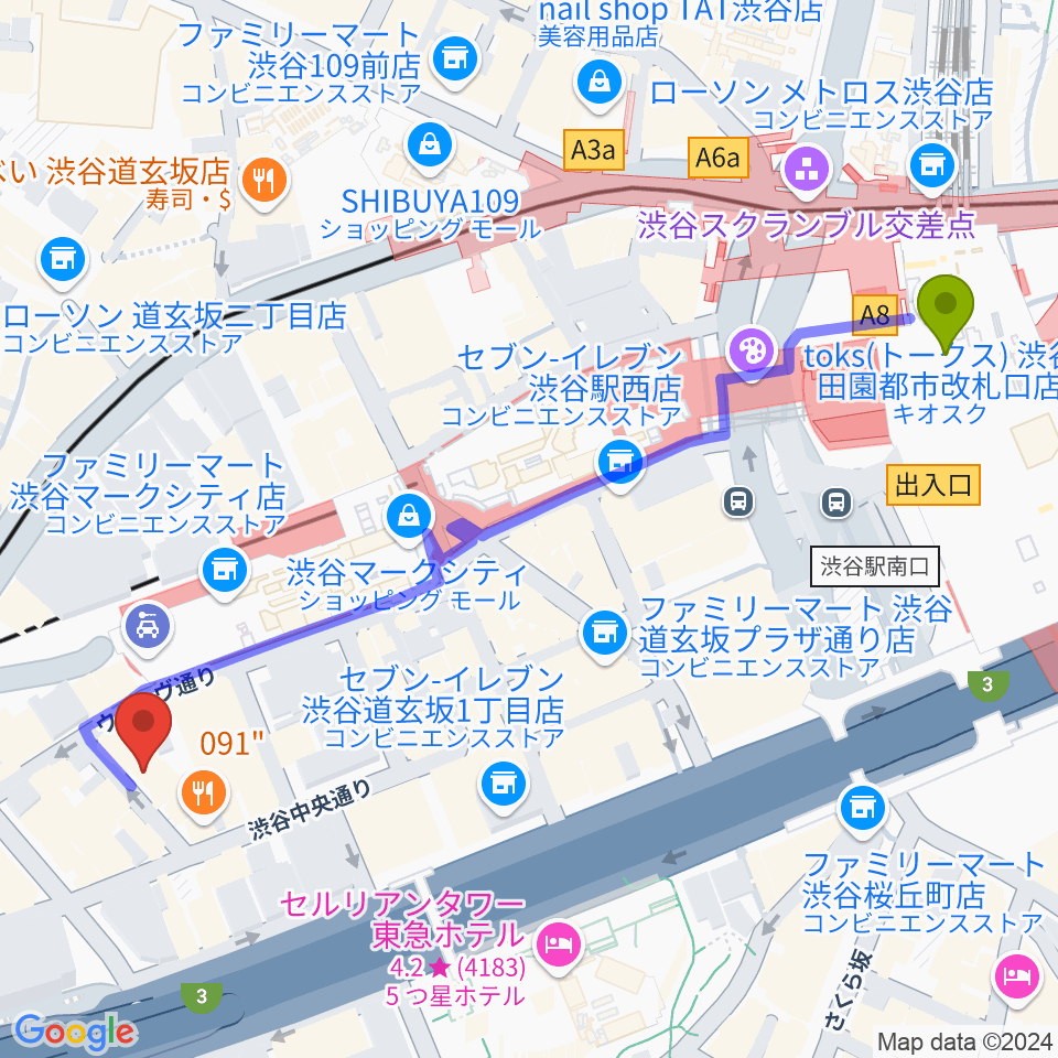 渋谷駅からノナカ・ミュージックハウスへのルートマップ地図