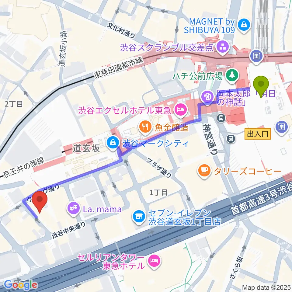 渋谷駅からノナカ・ミュージックハウスへのルートマップ地図
