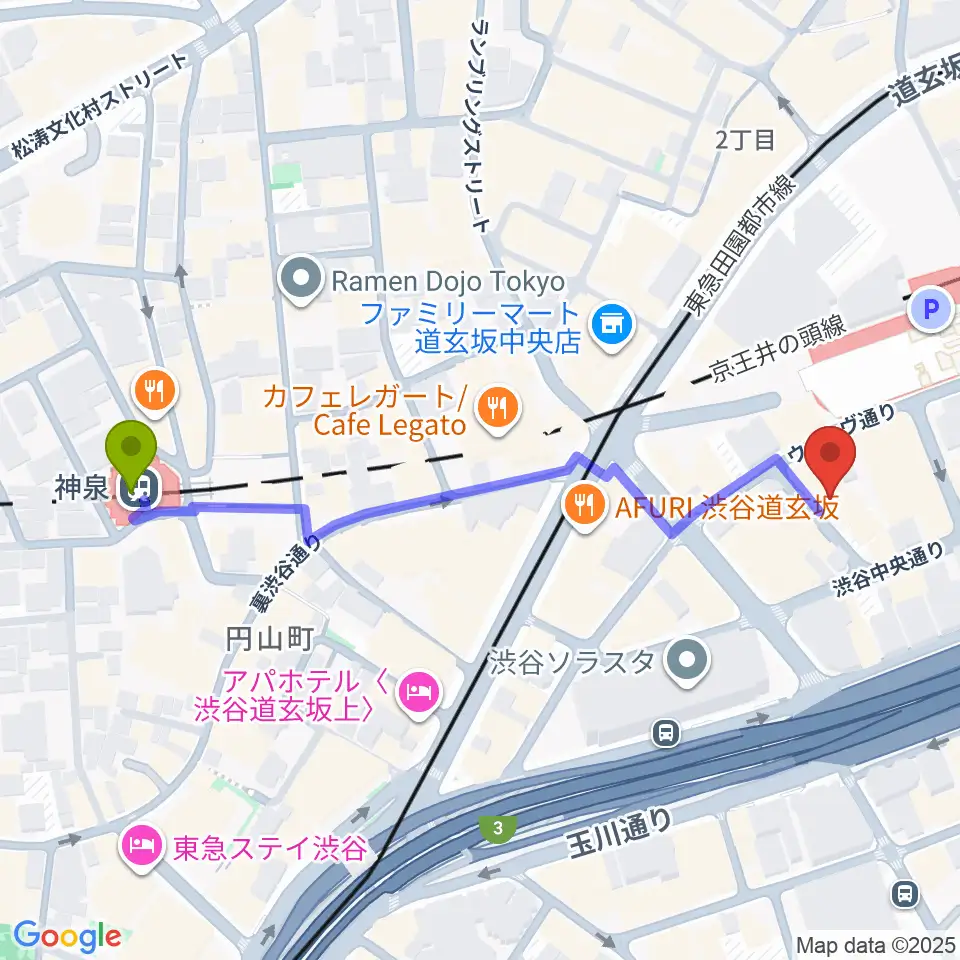 ノナカ・ミュージックハウスの最寄駅神泉駅からの徒歩ルート（約6分）地図