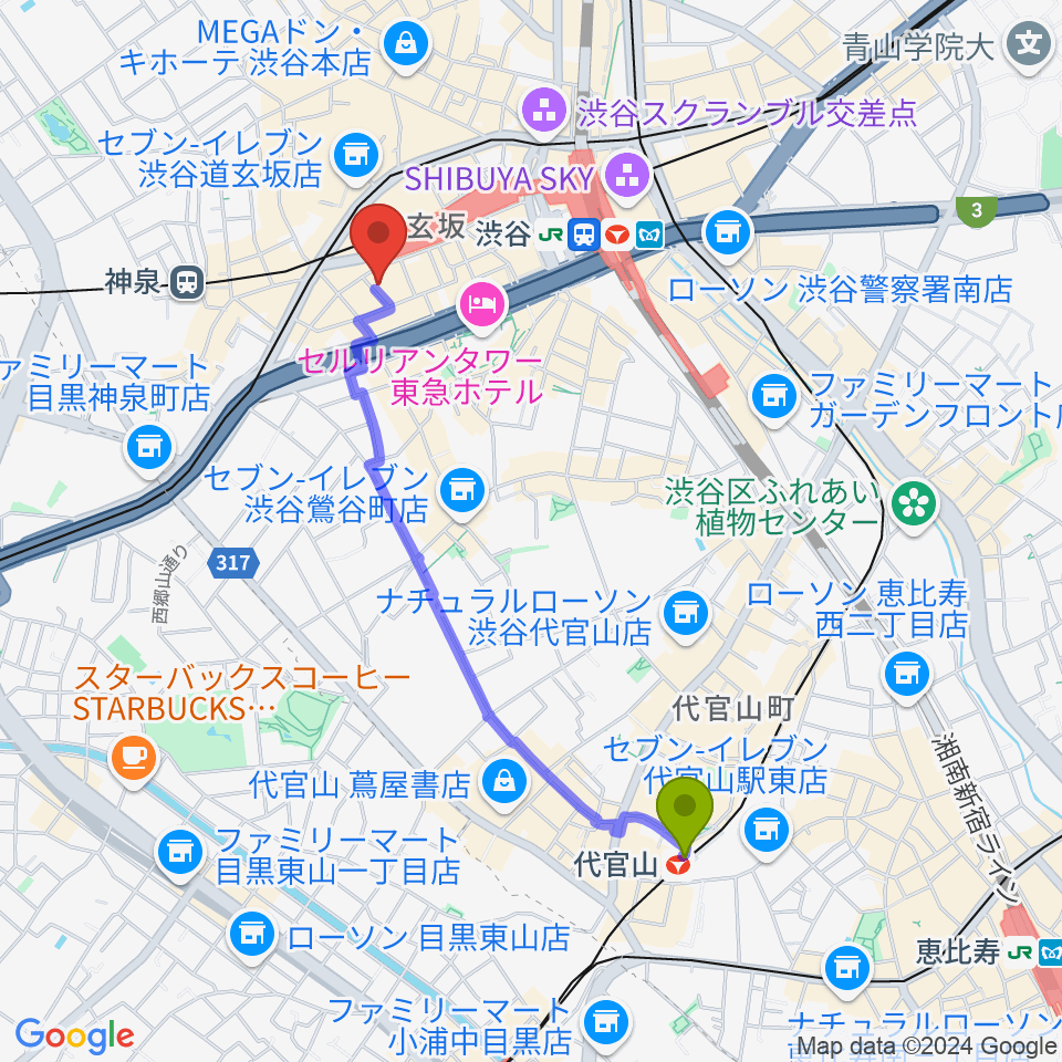 代官山駅からノナカ・ミュージックハウスへのルートマップ地図