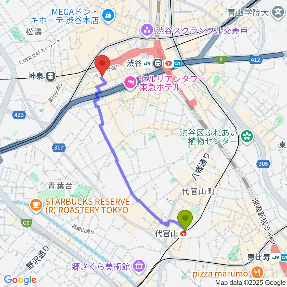 代官山駅からノナカ・ミュージックハウスへのルートマップ地図