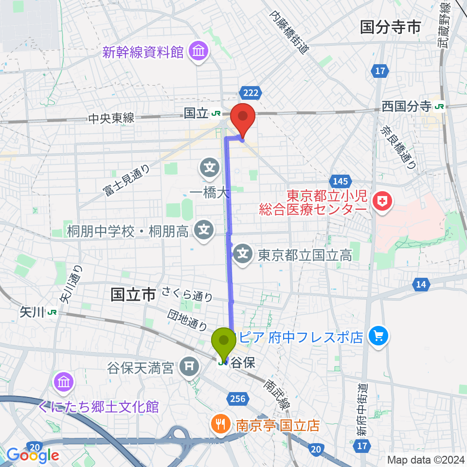 谷保駅から国立ヴィオレホールへのルートマップ地図