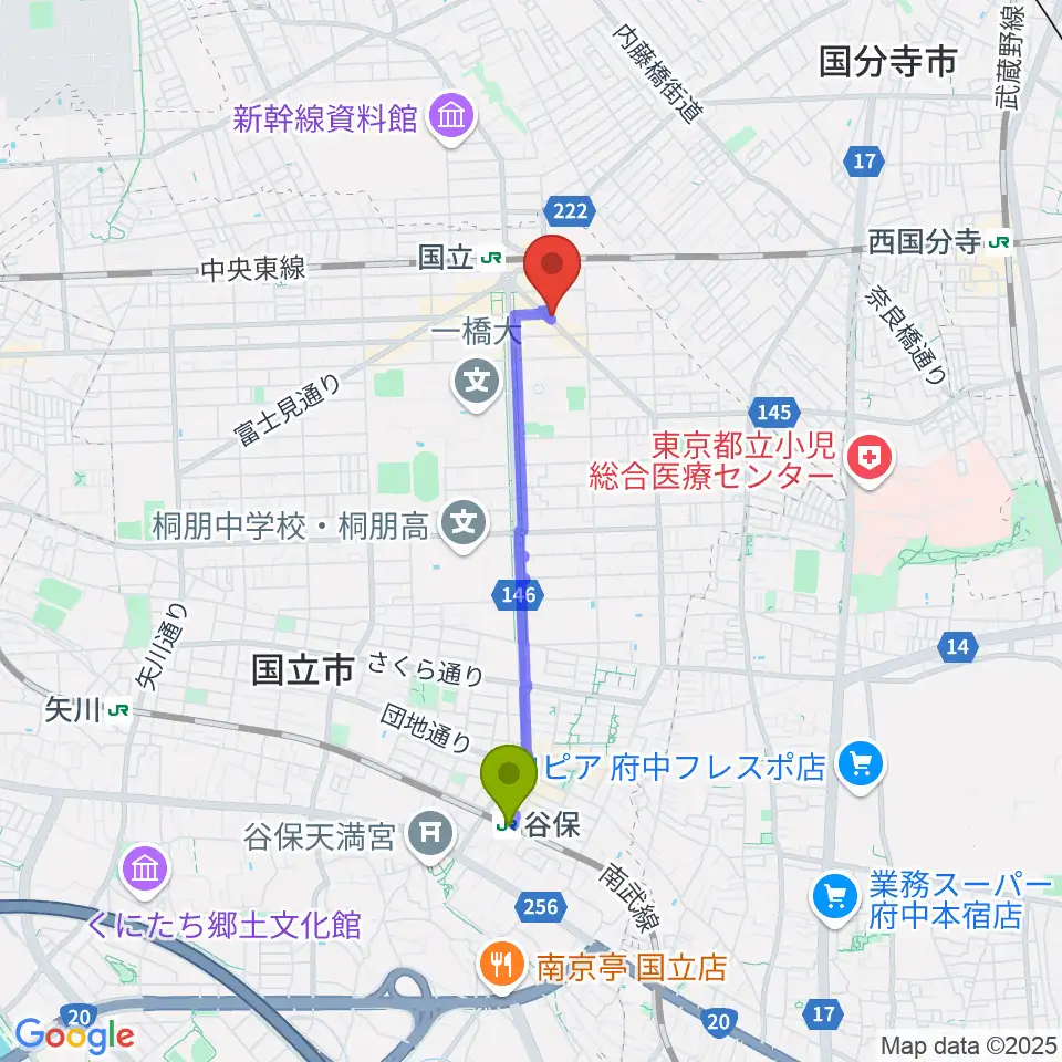 谷保駅から国立ヴィオレホールへのルートマップ地図